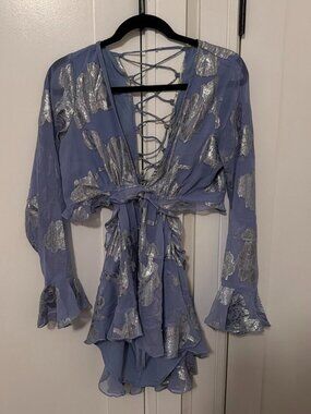 ASOS blue & silver metallic print mini dress with tie front